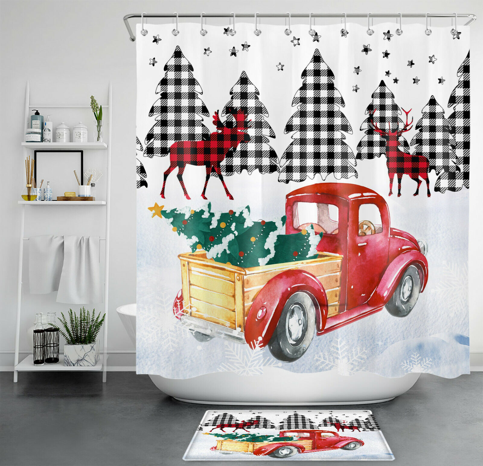 Golden Lemon Shower Curtain Green Leaves Plaid Farm Truck