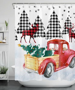 Golden Lemon Shower Curtain Green Leaves Plaid Farm Truck