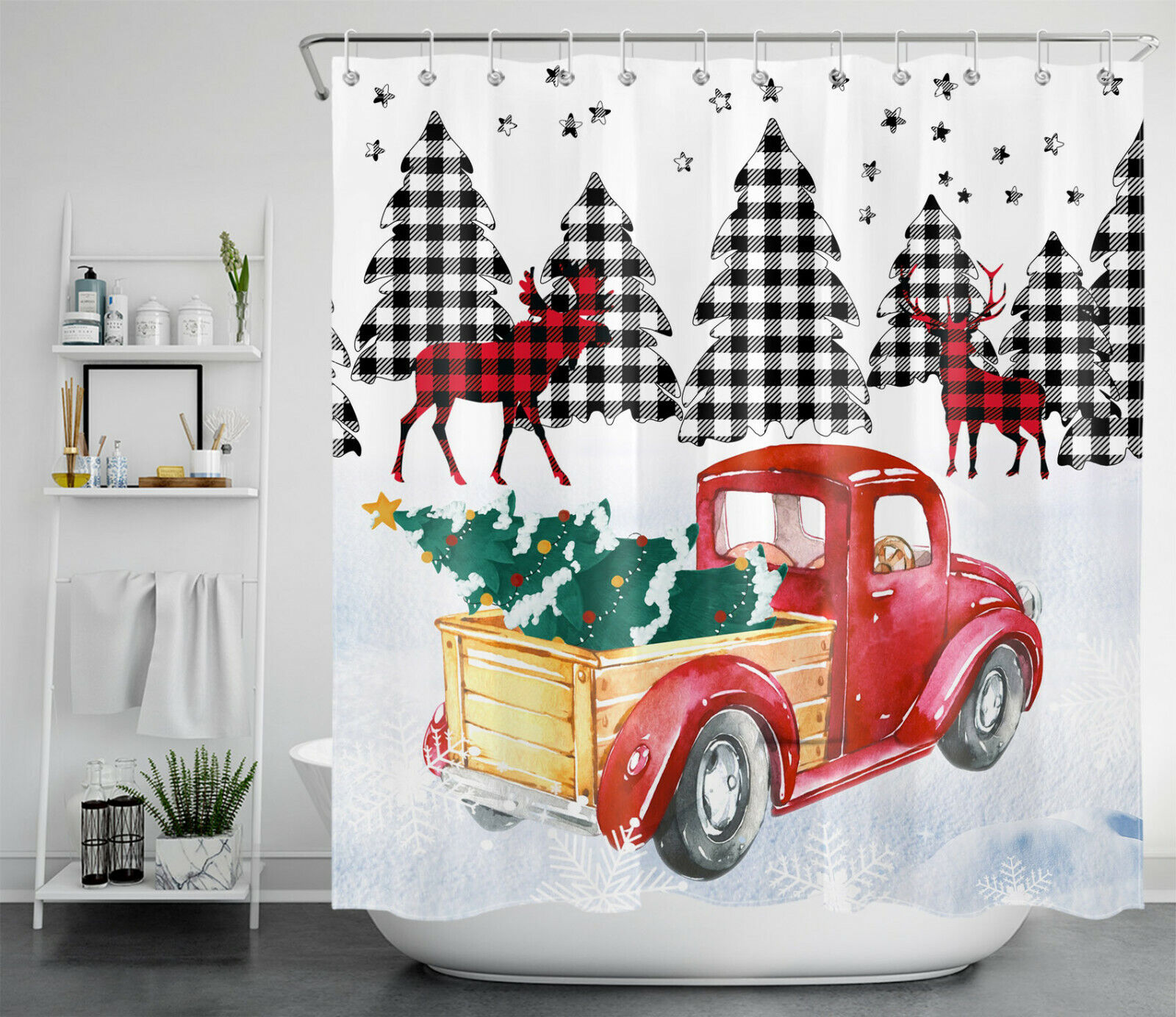Golden Lemon Shower Curtain Green Leaves Plaid Farm Truck
