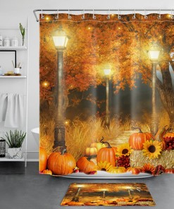 Golden Maple Tree Sunflower Pumpkin Fall Shower Curtain, Perfect For Autumn Bathroom Decor