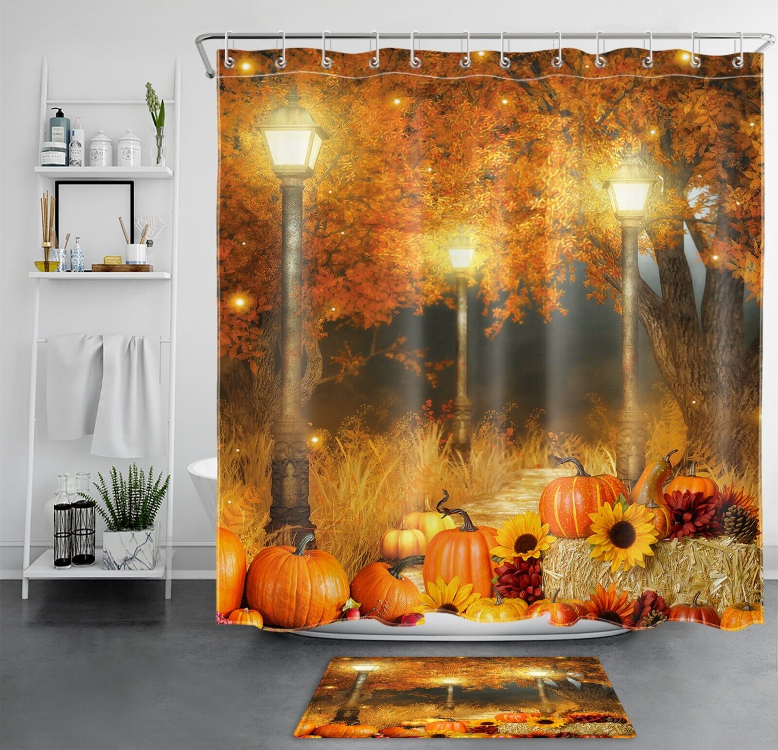 Golden Maple Tree Sunflower Pumpkin Fall Shower Curtain, Perfect For Autumn Bathroom Decor