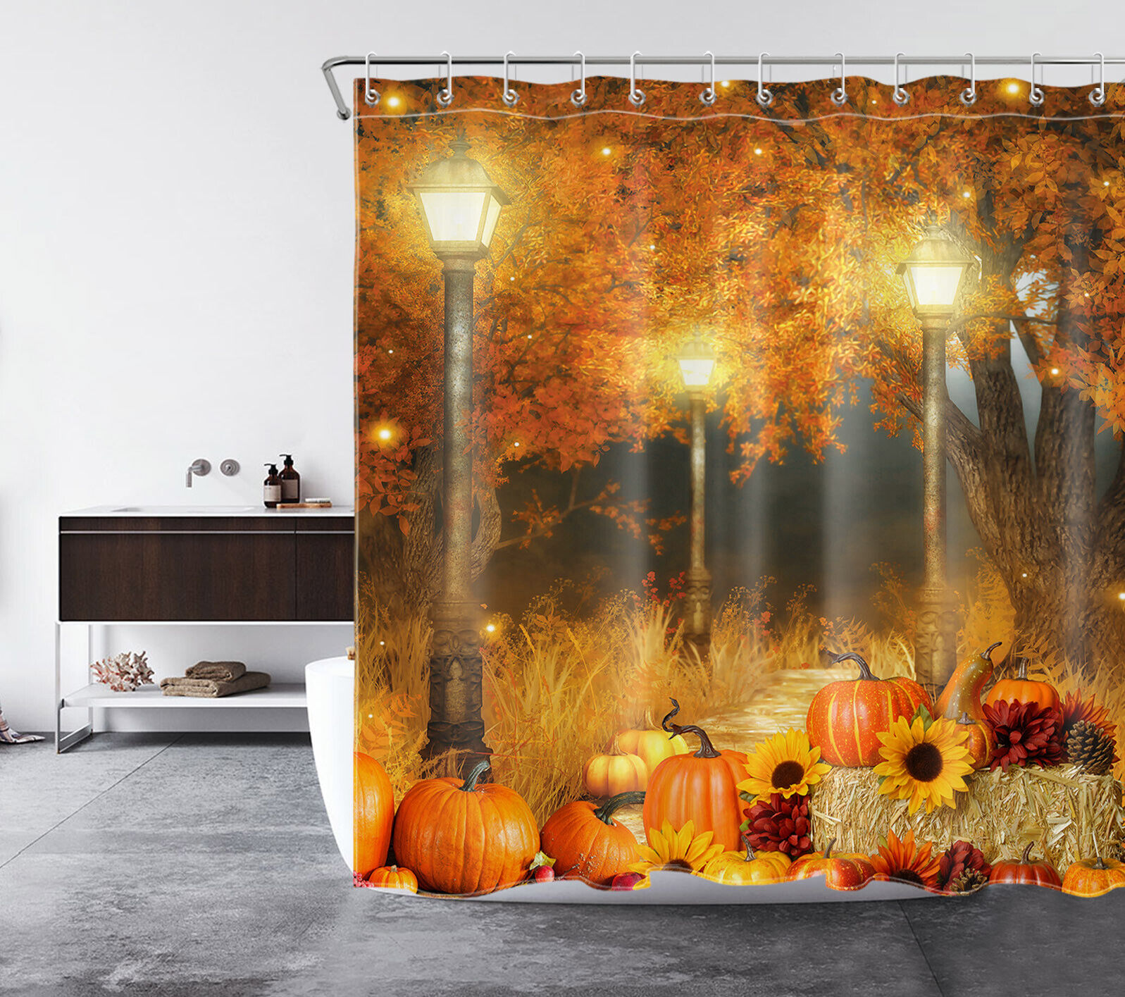 Golden Maple Tree Sunflower Pumpkin Fall Shower Curtain, Perfect For Autumn Bathroom Decor