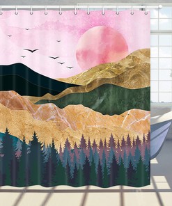 Golden Mountains Pink Sun Shower Curtain, Bathroom Decor with Fabric 