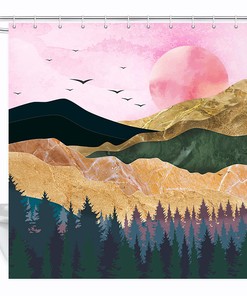 Golden Mountains Pink Sun Shower Curtain, Bathroom Decor with Fabric
