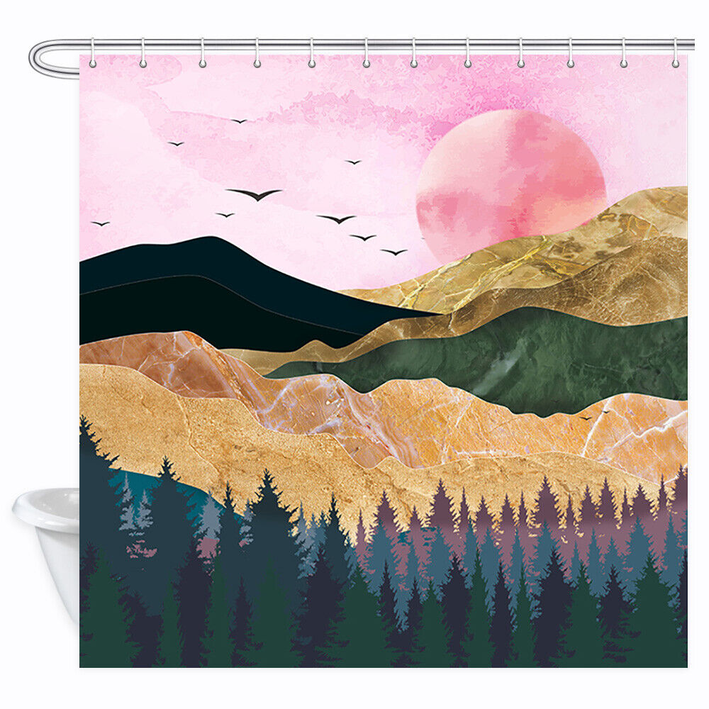 Golden Mountains Pink Sun Shower Curtain, Bathroom Decor with Fabric