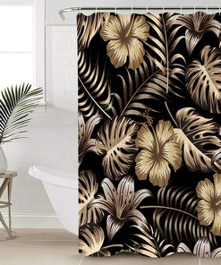 Golden Palm Leaves Print Shower Curtain - Waterproof Bathroom Curtain Liner