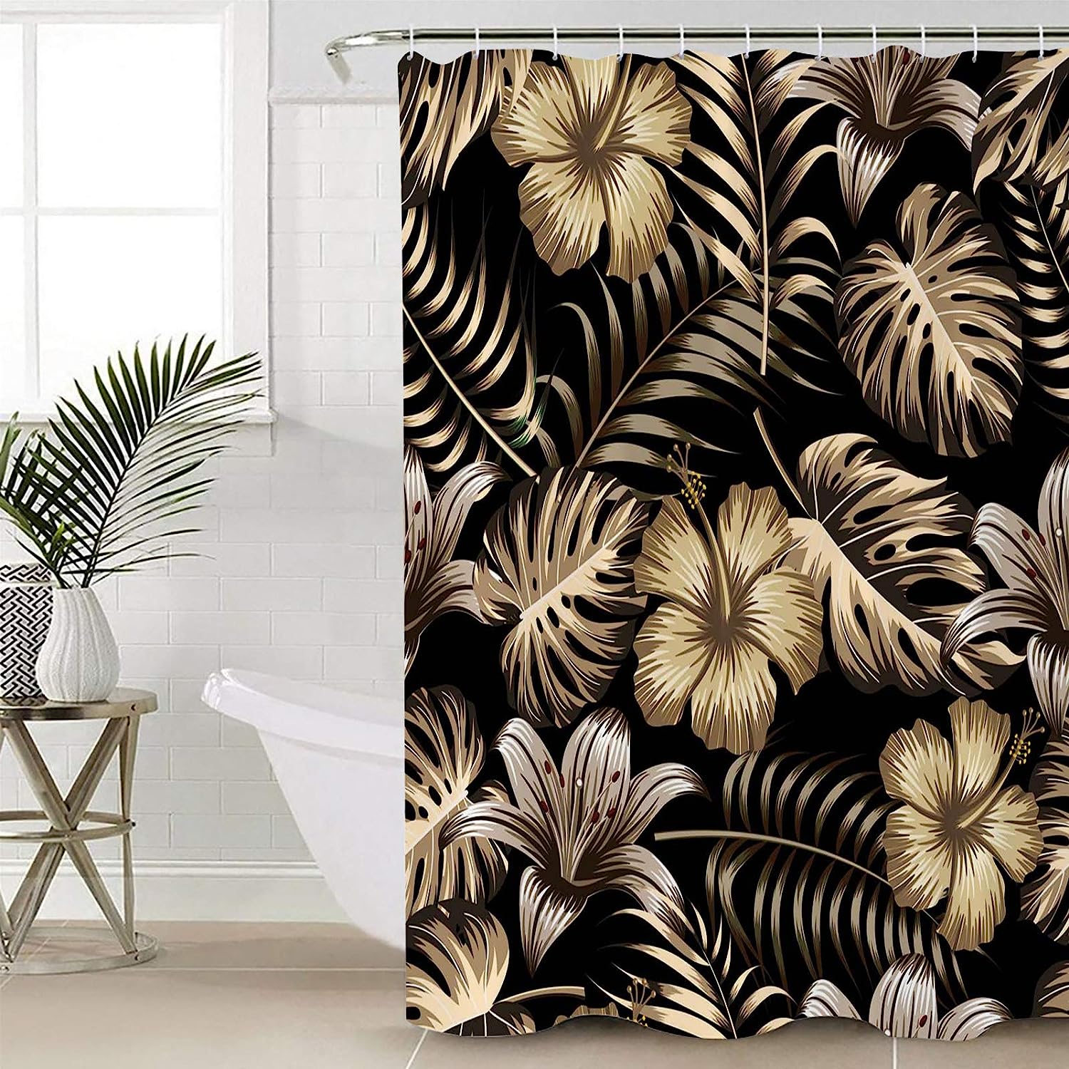 Golden Palm Leaves Print Shower Curtain - Waterproof Bathroom Curtain Liner
