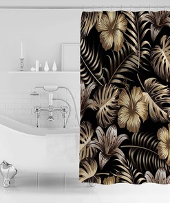 Golden Palm Leaves Print Shower Curtain - Waterproof Bathroom Curtain Liner