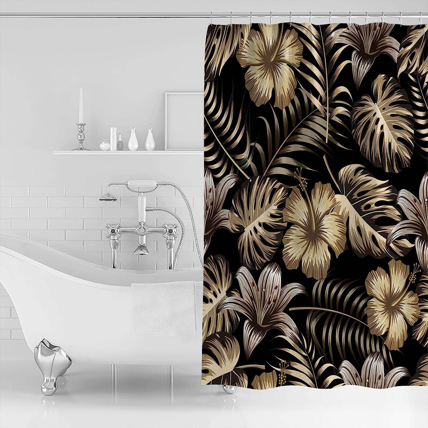 Golden Palm Leaves Print Shower Curtain - Waterproof Bathroom Curtain Liner
