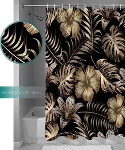 Golden Palm Leaves Print Shower Curtain - Waterproof Bathroom Curtain Liner