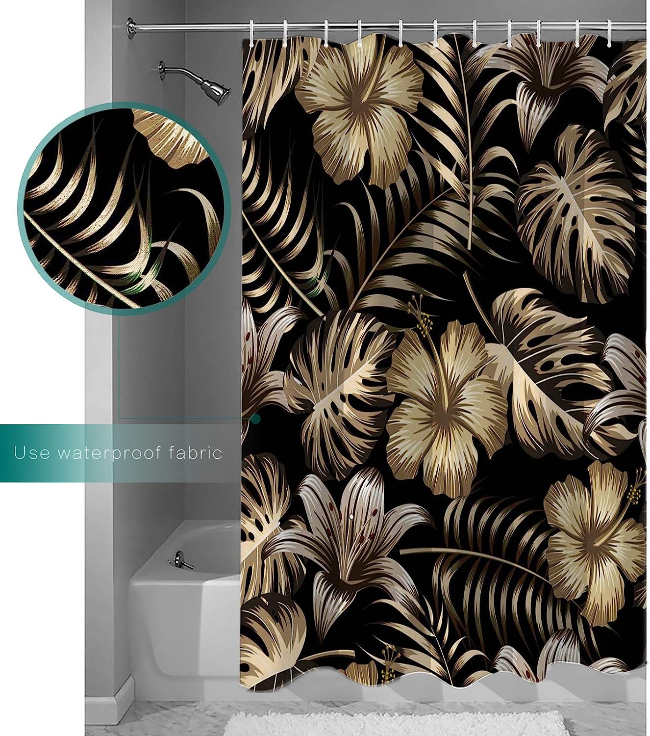 Golden Palm Leaves Print Shower Curtain - Waterproof Bathroom Curtain Liner