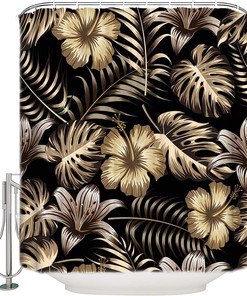 Golden Palm Leaves Print Shower Curtain - Waterproof Bathroom Curtain Liner