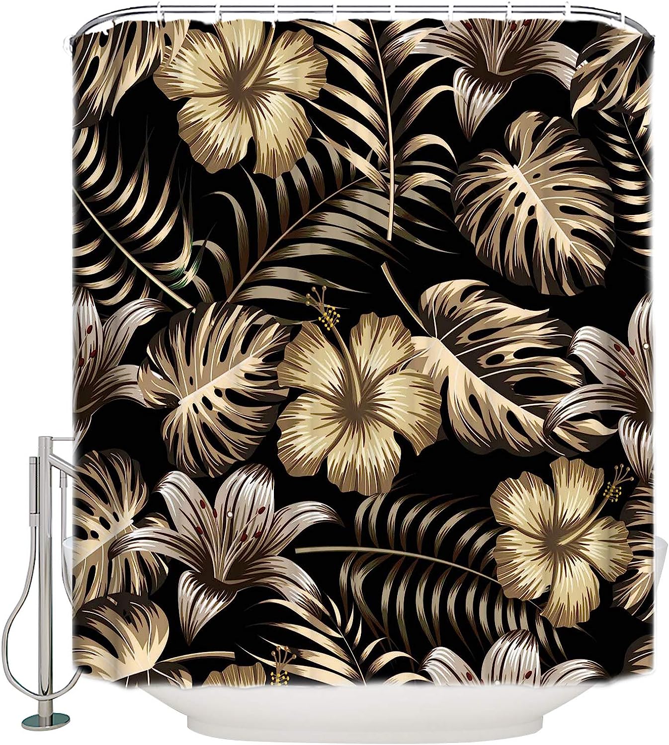 Golden Palm Leaves Print Shower Curtain - Waterproof Bathroom Curtain Liner