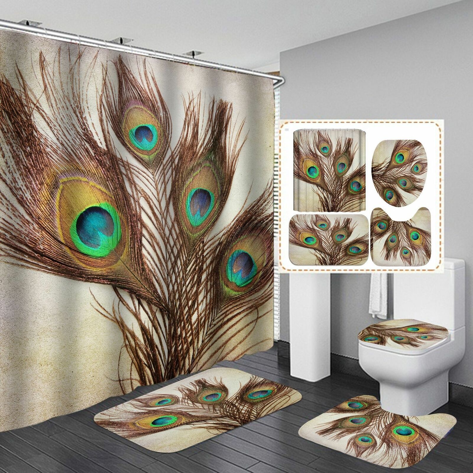 Golden Peacock Feather Print 3D Shower Curtain That Brings Luxury To Your Bathroom