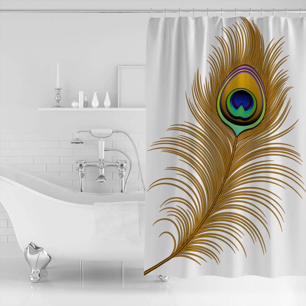 Golden Peacock Feather Shower Curtain Abstract Artwork Pattern - Image 2