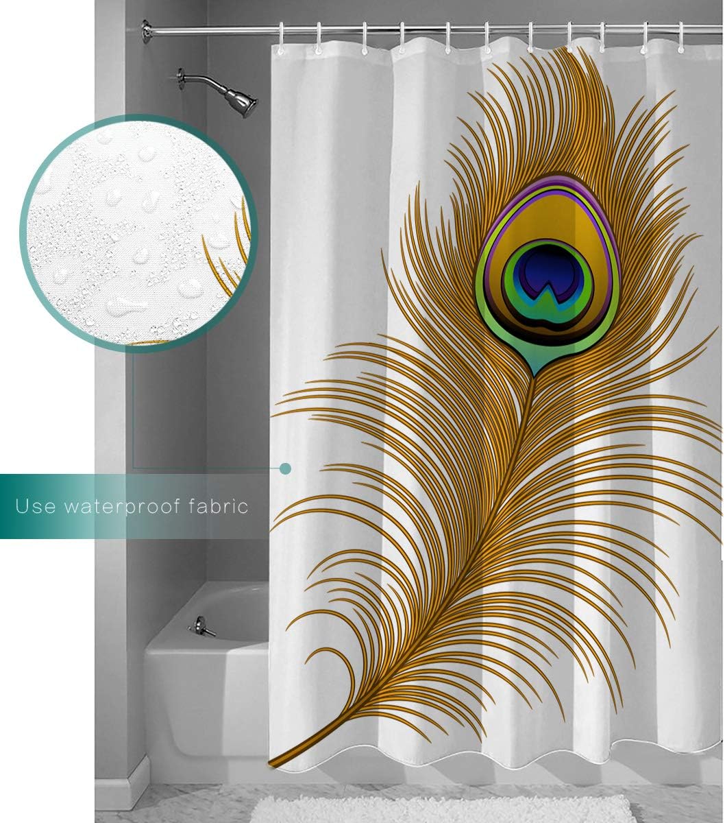 Golden Peacock Feather Shower Curtain Abstract Artwork Pattern - Image 3