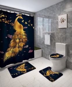 Golden Peacock Plume Petal Bathroom Shower Curtain Set, Perfect For Chic Bathroom Decor