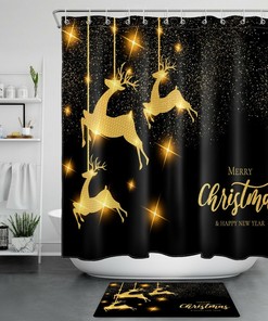 Golden Reindeer Stars Christmas Shower Curtain - Elegant Bathroom Decor