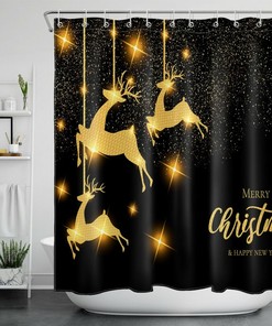 Golden Reindeer Stars Christmas Shower Curtain - Elegant Bathroom Decor