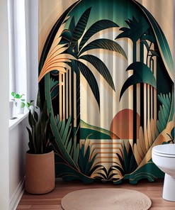 Golden Retreat Tropical Art Deco Floral Chic Shower Curtain, perfect Housewarming Gift with Bathroom Theme