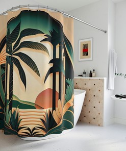 Golden Retreat Tropical Art Deco Floral Chic Shower Curtain, perfect Housewarming Gift with Bathroom Theme