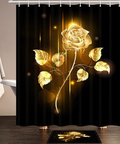 Golden Rose In The Dark Complete Bathroom Waterproof Shower Curtain, Perfect For Romantic Bathroom Decor