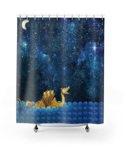 Golden Sea Monster Shower Curtain With Dragon And Nessy Design, Perfect For Fantasy Theme Bathroom Decor