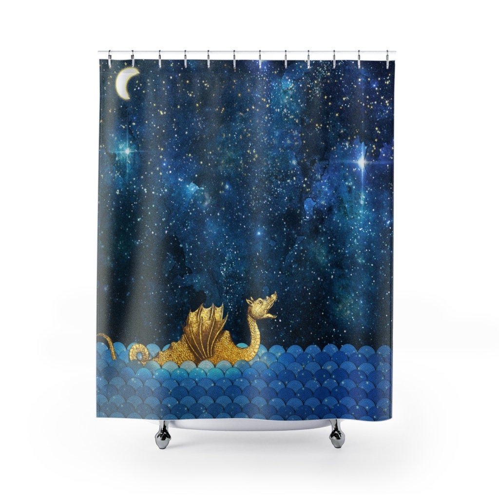 Golden Sea Monster Shower Curtain With Dragon And Nessy Design, Perfect For Fantasy Theme Bathroom Decor