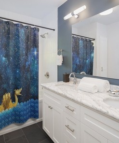 Golden Sea Monster Shower Curtain With Dragon And Nessy Design, Perfect For Fantasy Theme Bathroom Decor