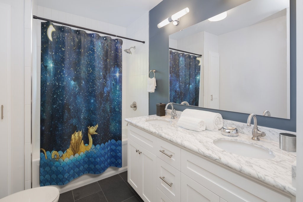 Golden Sea Monster Shower Curtain With Dragon And Nessy Design, Perfect For Fantasy Theme Bathroom Decor