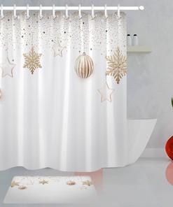 Golden Shower Curtain - Snowflakes, Stars And Balls Bathroom Decor