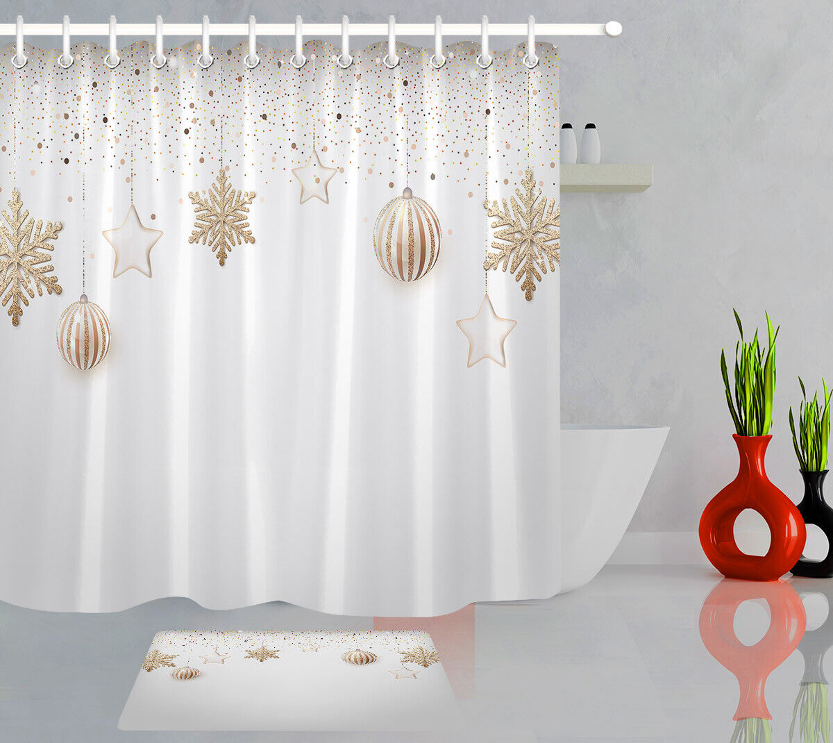 Golden Shower Curtain - Snowflakes, Stars And Balls Bathroom Decor
