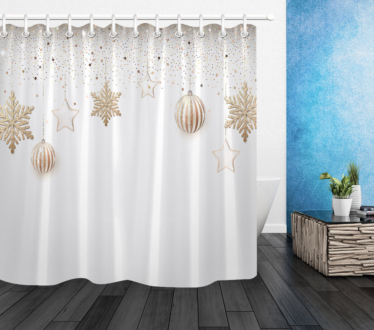 Golden Shower Curtain - Snowflakes, Stars And Balls Bathroom Decor - Image 2