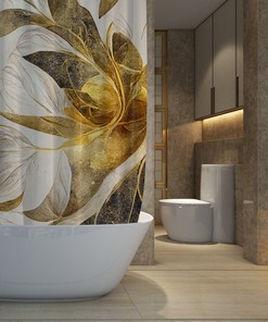 Golden Shower Curtain With Floral Design, Designer Bathroom Accessories For Home Owner Gifts