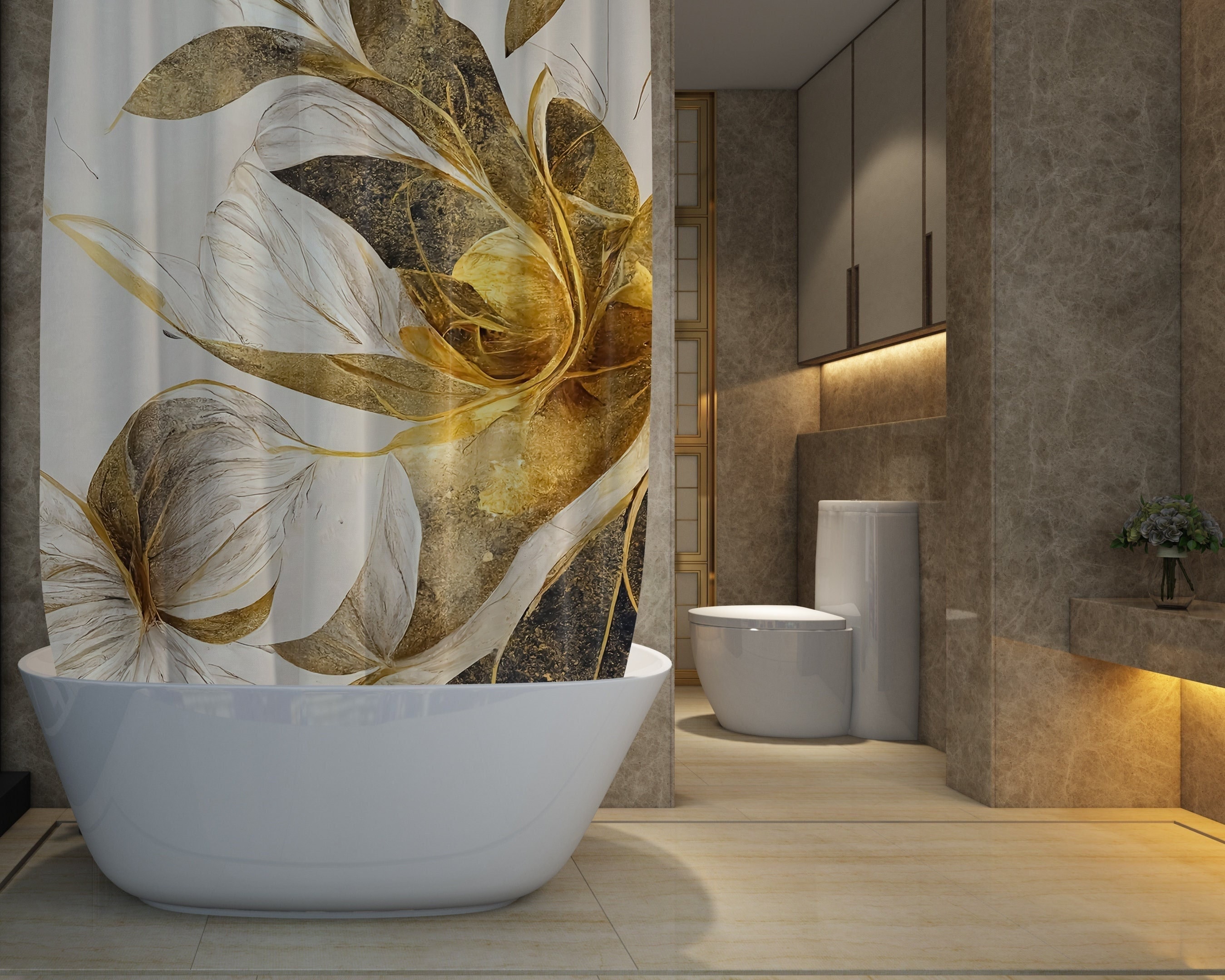 Golden Shower Curtain With Floral Design, Designer Bathroom Accessories For Home Owner Gifts