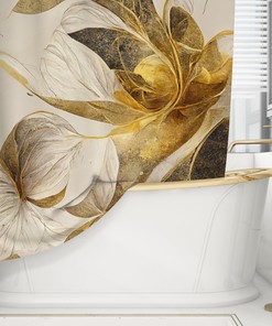 Golden Shower Curtain With Floral Design, Designer Bathroom Accessories For Home Owner Gifts