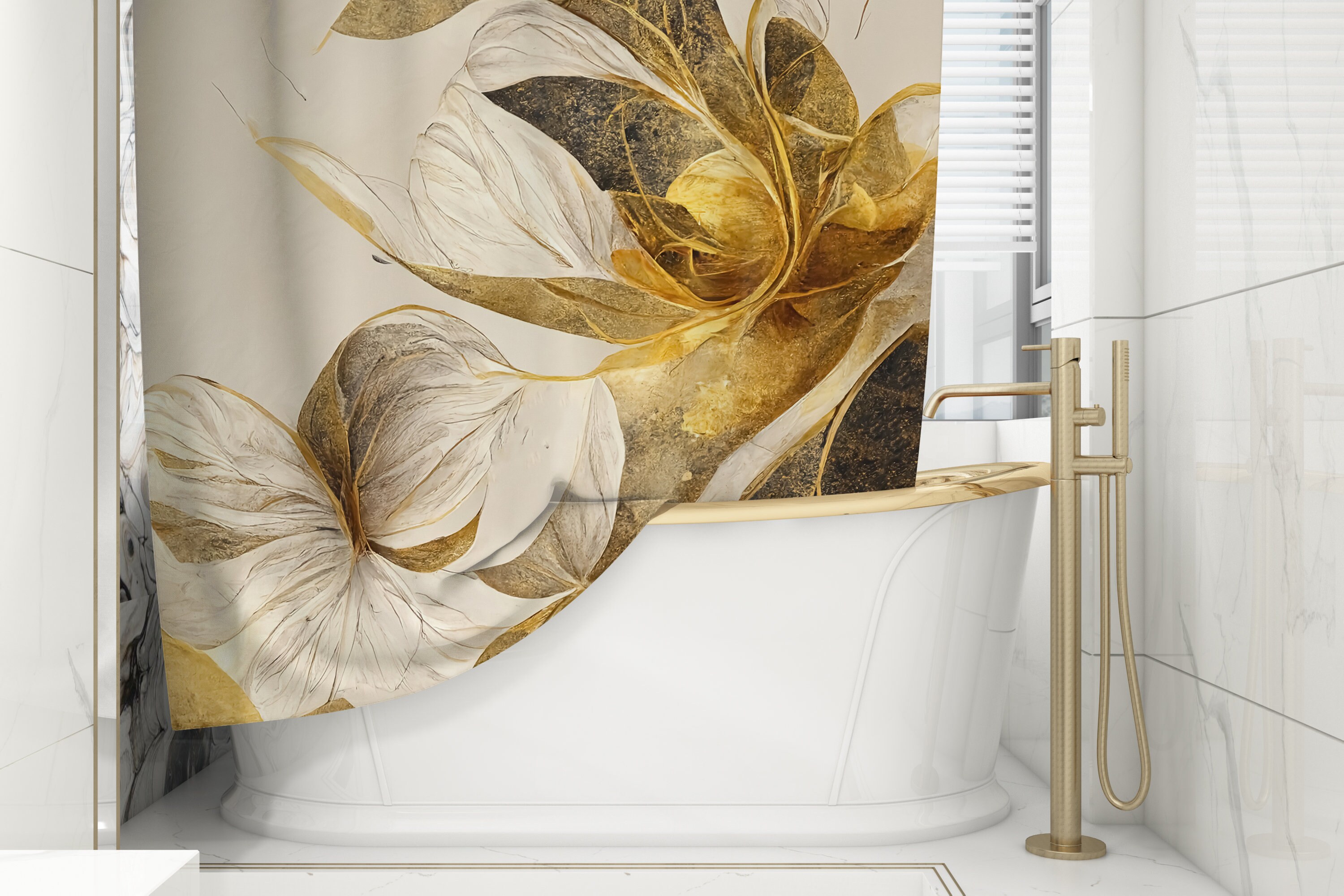 Golden Shower Curtain With Floral Design, Designer Bathroom Accessories For Home Owner Gifts