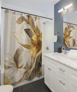 Golden Shower Curtain With Floral Design, Designer Bathroom Accessories For Home Owner Gifts
