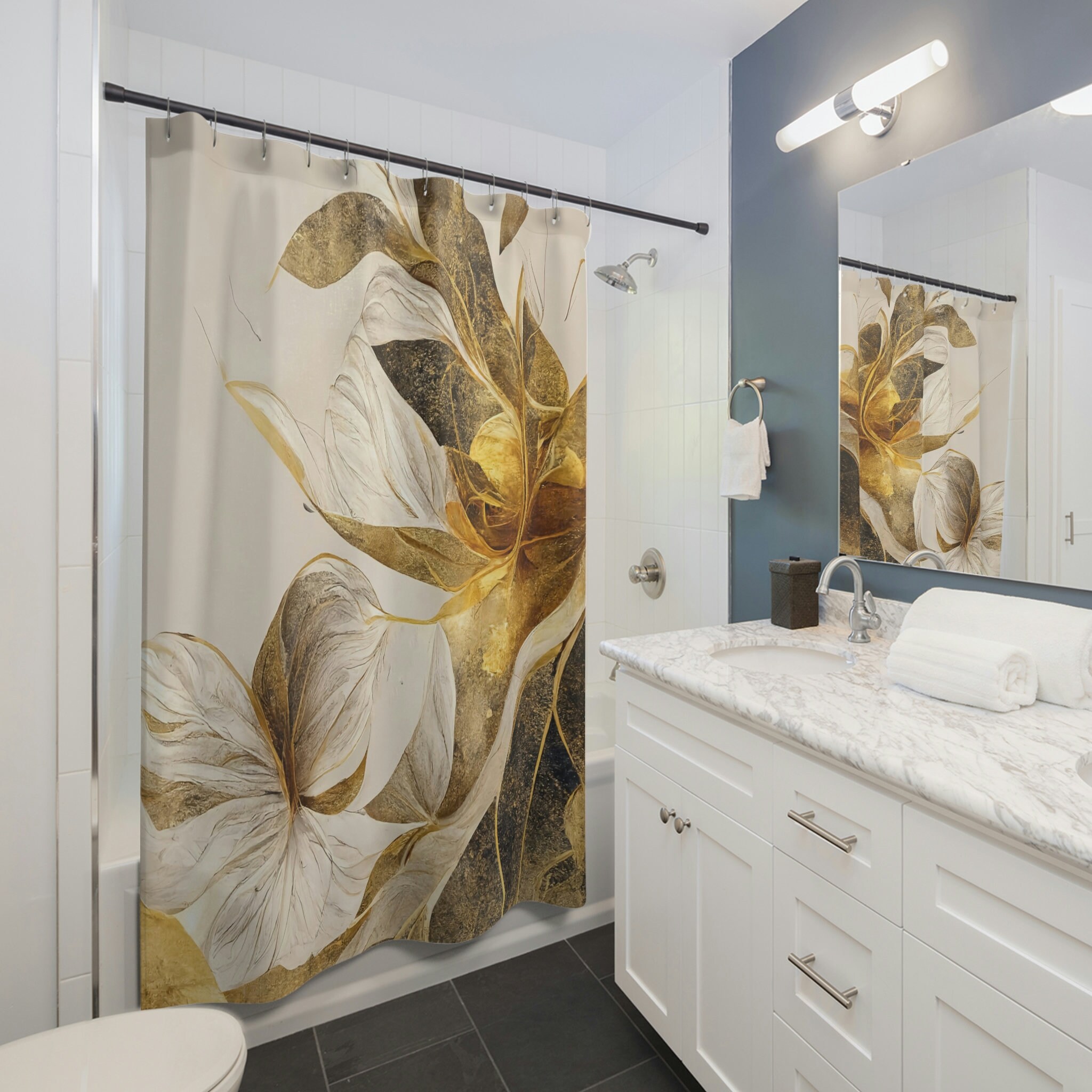 Golden Shower Curtain With Floral Design, Designer Bathroom Accessories For Home Owner Gifts