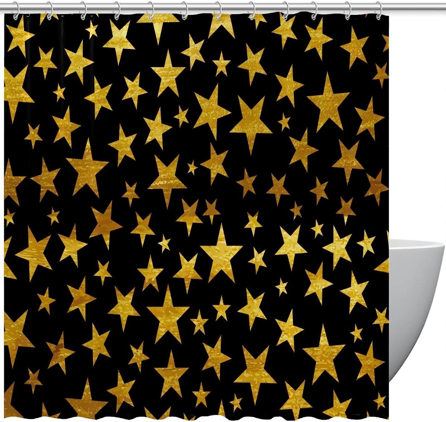 Golden Stars Pattern Shower Curtain In Black, Add Some Luxury And Shine To Your Bathroom Decor