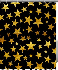 Golden Stars Pattern Shower Curtain In Black Background, Perfect For Any Luxury And Shine-Themed Bathroom