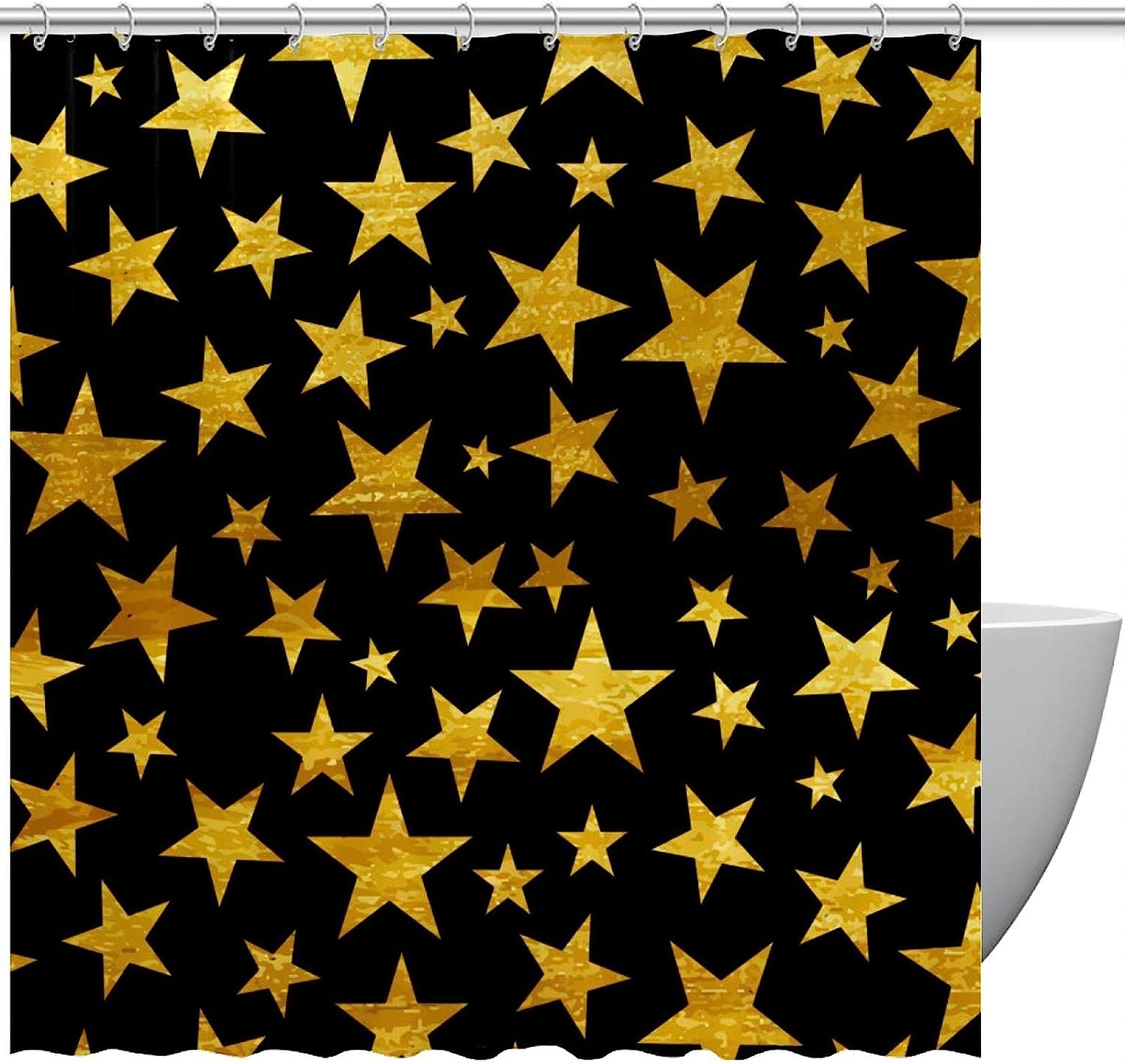 Golden Stars Pattern Shower Curtain In Black Background, Perfect For Any Luxury And Shine-Themed Bathroom