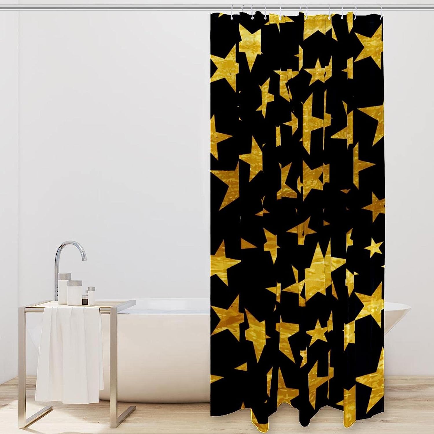 Golden Stars Pattern Shower Curtain In Black Background, Perfect For Any Luxury And Shine-Themed Bathroom - Image 2
