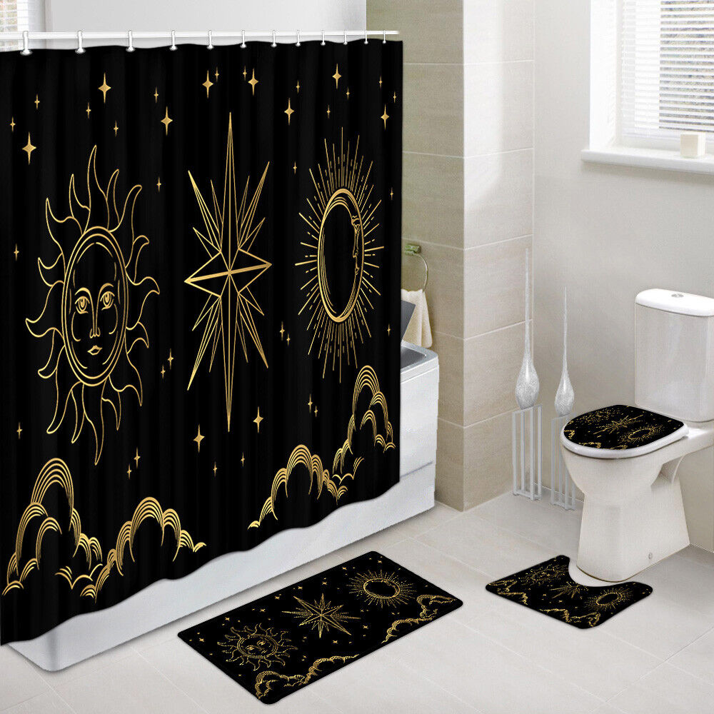 Golden Sun And Moon Boho Shower Curtain With Celestial Design, Perfect For Spiritual Bathroom Decor
