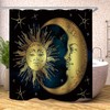 Golden Sun and Moon Shower Curtain, Boho Chic Art with Stars and Antique Print over Blue Black Sky