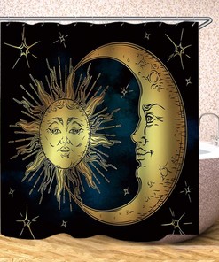 Golden Sun and Moon Shower Curtain, Boho Chic Art with Stars and Antique Print over Blue Black Sky