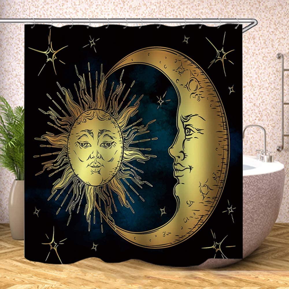 Golden Sun and Moon Shower Curtain, Boho Chic Art with Stars and Antique Print over Blue Black Sky