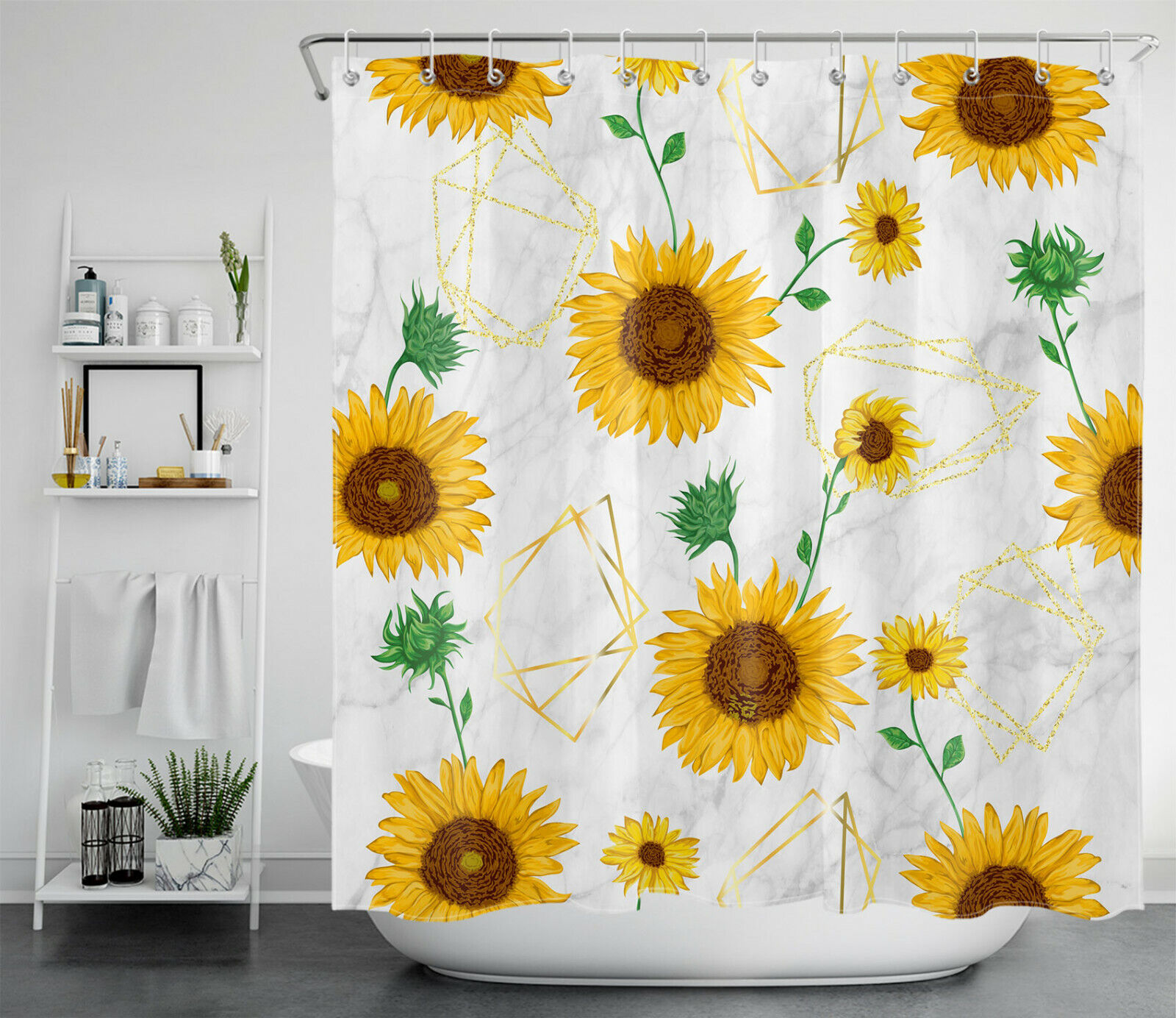 Golden Sunflower Shower Curtain - Geometric Bathroom Accessories - Image 2