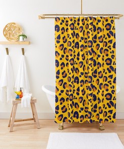 Golden Yellow Navy Blue Rust Orange Vintage Shower Curtains - Leopard Spots Bath Set