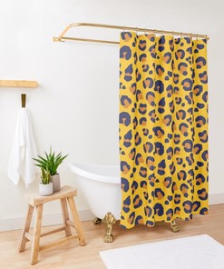 Golden Yellow Navy Blue Rust Orange Vintage Shower Curtains - Leopard Spots Bath Set